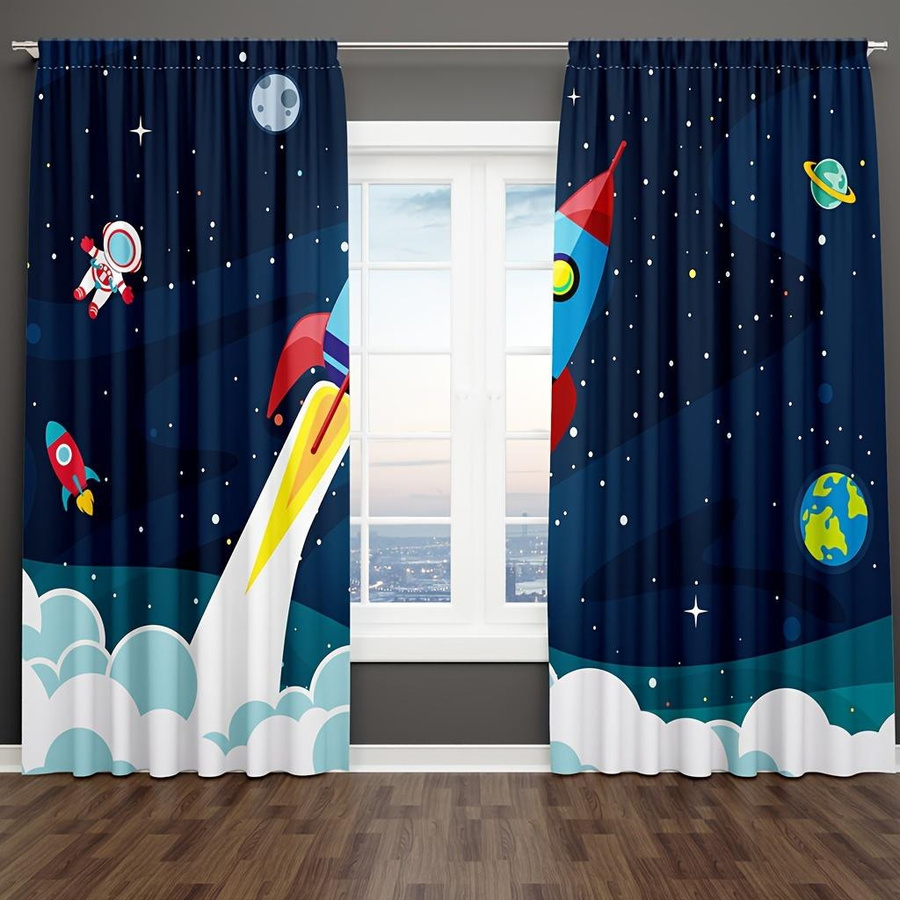 2er-Set Cartoon Raketenvorhänge für Kinder mit Galaxie-Astronauten-Motiv, Blau, Breite: 210 cm, Höhe: 230 cm - Bild 4