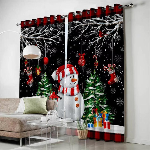 Yiran Furniture Vorhänge Set mit Weihnachtskugel- und Blattdruck in Rot, 2 Stück, B: 50 cm, H: 60 cm - Bild 1