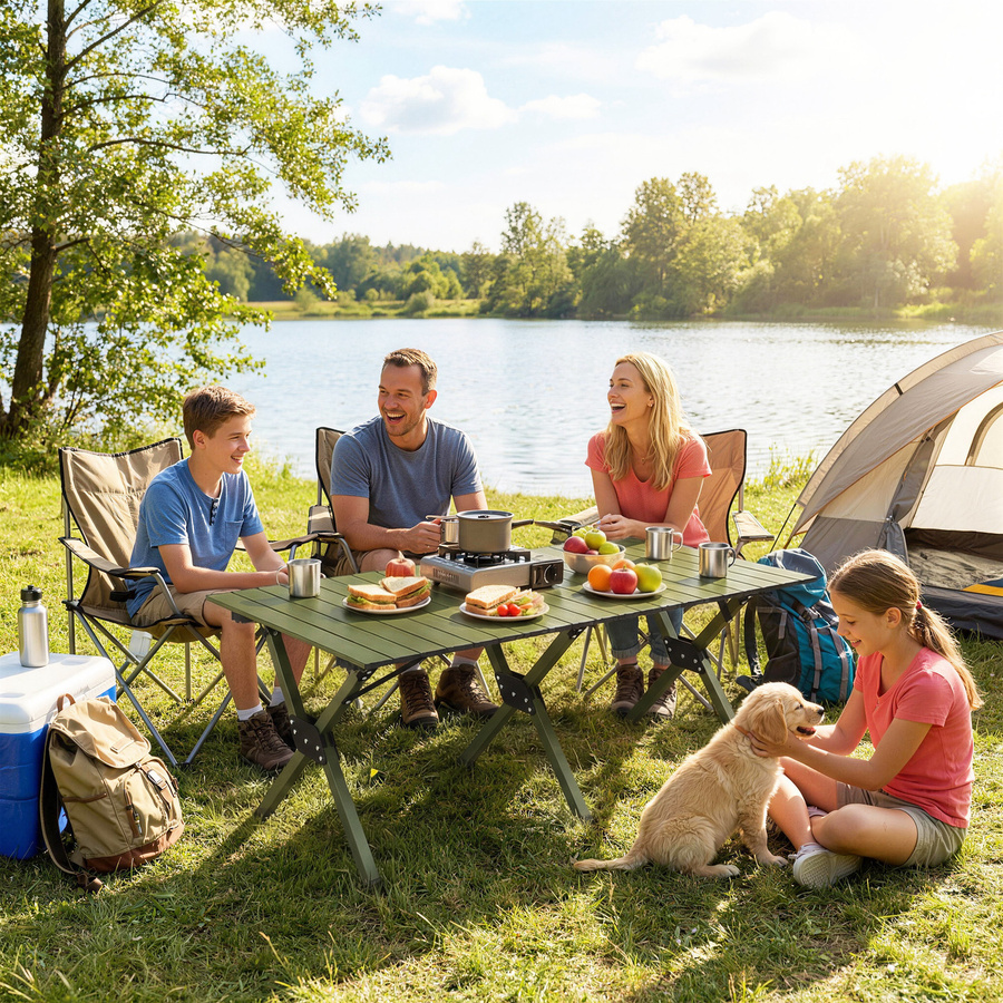 Outsunny Campingtisch mit aufrollbarer Tischplatte und X-Rahmen aus Metall, Klapptisch für Garten, Balkon und Camping, Farbe: Militärgrün, B: 116 cm, T: 59 cm, H: 43 cm - Bild 2