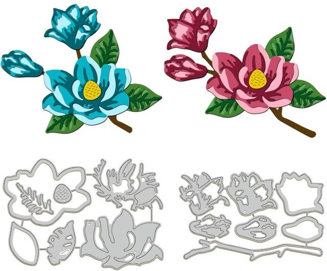 2 Sets geschichtete Magnolien-Stanzformen aus Kohlenstoffstahl für die Kartenherstellung und dekorative Blumen-Prägeschablonen - Bild 1