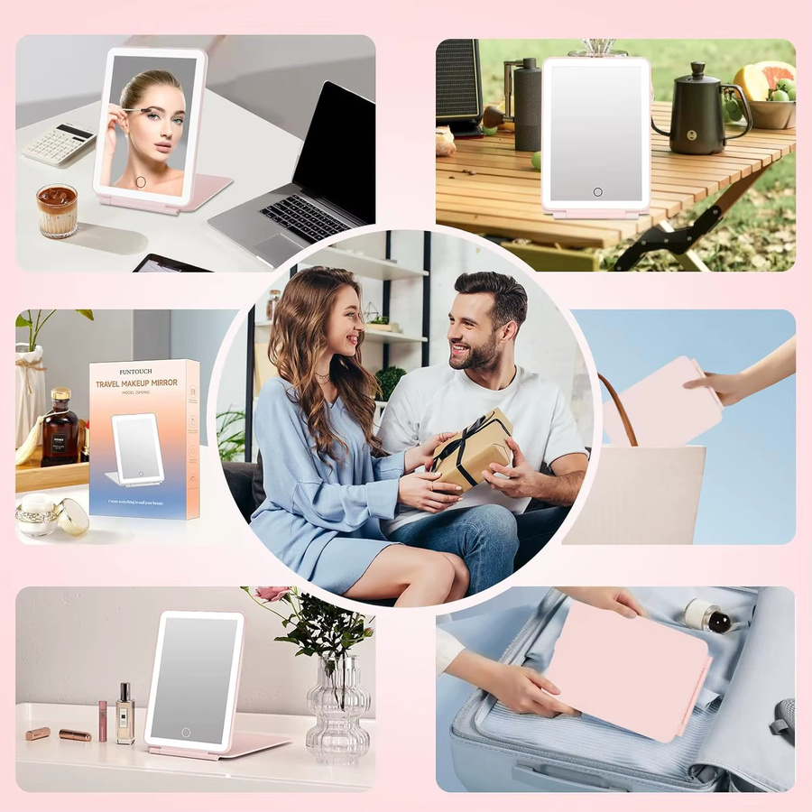 Cosmomiro LED-Reise-Make-up-Spiegel mit 3-Farben-Licht und Touchscreen, tragbarer Tisch-Kosmetikspiegel in Rosa, USB-wiederaufladbar - Bild 2
