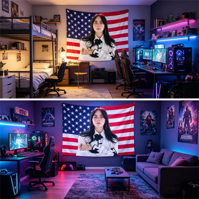 VIKAMA Billie Eilish Wandteppich im Hip-Hop-Stil mit amerikanischer Flagge, Wandbehang in Multicolour, B: 60 cm, H: 40 cm - Bild 1