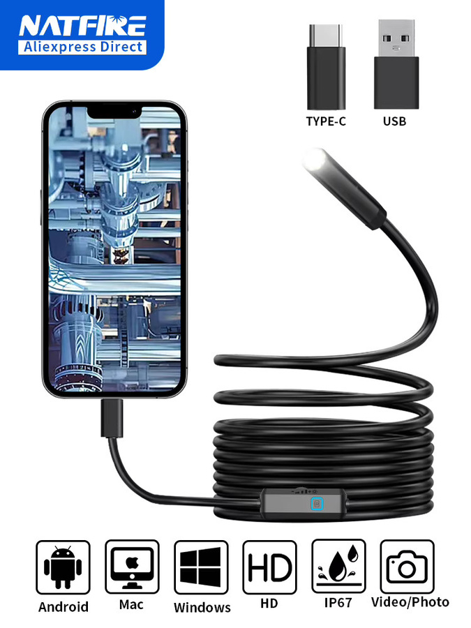 NATFIRE Endoskopkamera Typ C in Schwarz, 7,0 mm flexible Inspektionskamera mit 6 LEDs, IP67 wasserdicht, USB-C Anschluss für Android und PC - Bild 6