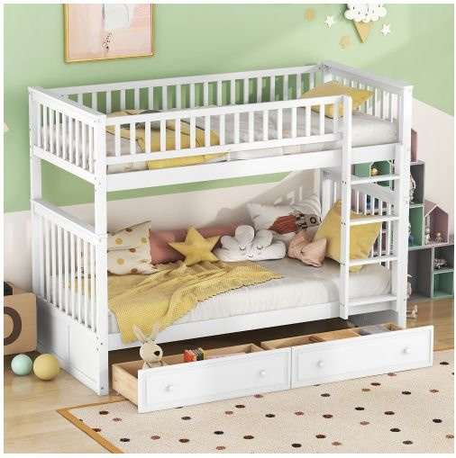 MUVOE Etagenbett für Kinder aus Kiefernholz und MDF in Weiß mit Schubladen, B/T/H: 90 x 200 x 160 cm - Bild 1