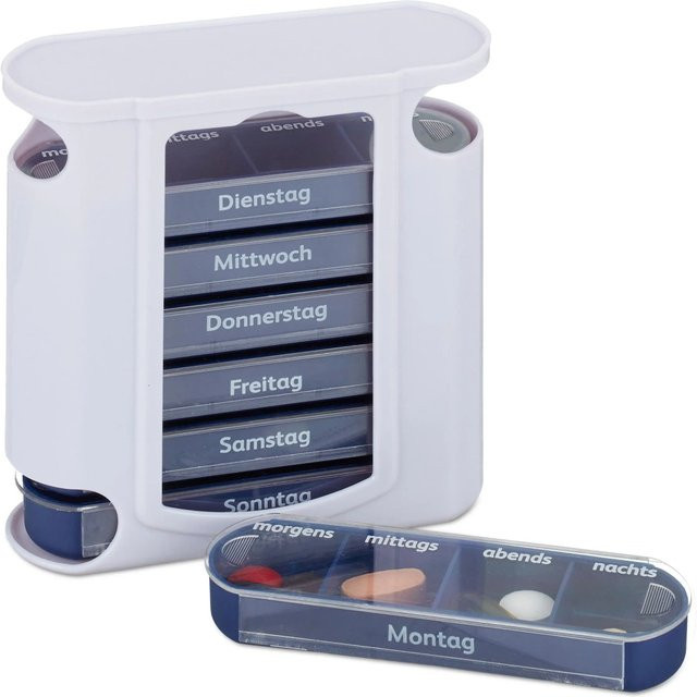 Relaxdays Pillendose aus Kunststoff in Weiß und Blau mit 7 Tagen, 4 Fächern und Schiebedeckel, B/T/H: 13 x 11,5 x 4,5 cm - Bild 1