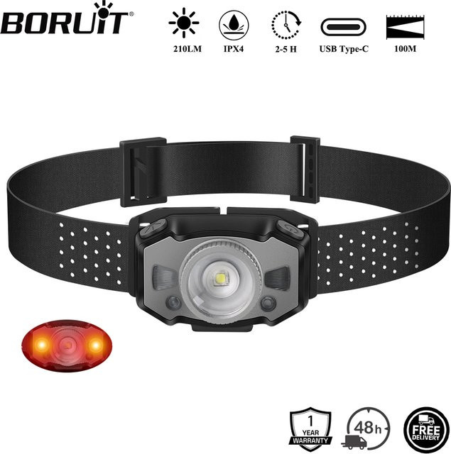 BORUiT B33 LED Mini-Stirnlampe mit Bewegungsmelder, USB wiederaufladbar, mit rotem Licht und Zoom-Funktion, Schwarz - Bild 1