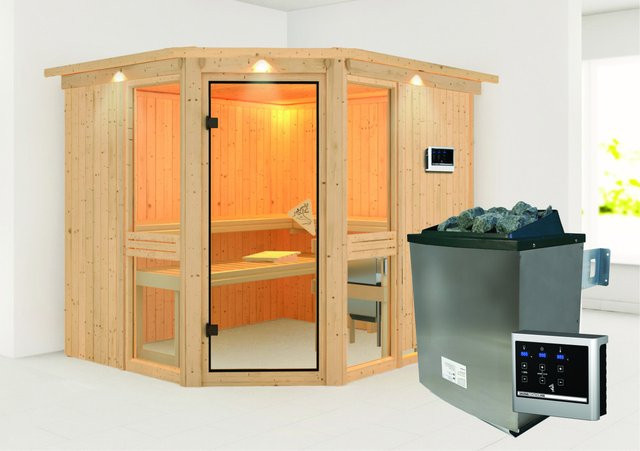 Karibu Sauna Anina 3 aus Fichte in Braun mit Edelstahl-Ofen 9,0 kW und externem Steuergerät, B/T/H: 231 x 210 x 210 cm - Bild 1