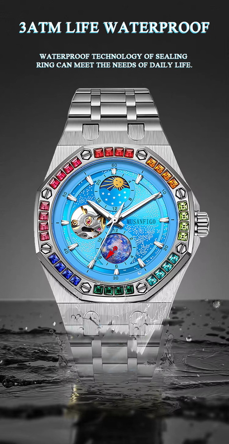 MUSANFIGO Automatik-Armbanduhr Edelstahl, Blau, Diamantbesetzt, Herren - Bild 4