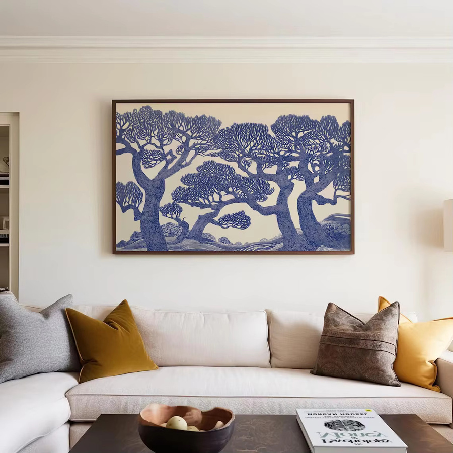 Vintage Eichenbaum-Druck von SHENCHEN als blaues Linocut-Waldlandschaftsgemälde und botanisches Poster mit Tieren auf Papier - Bild 4