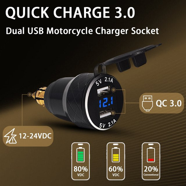 Motorrad USB-Ladegerät mit Voltmeter für BMW, Dual USB-A und USB-C QC3.0 Ladestation, DIN-Adapter-Steckdose in Schwarz, wasserdicht und Plug-and-Play - Bild 1