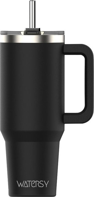 Watersy Isolierbecher aus Edelstahl mit Henkel und Strohhalmdeckel, Schwarz, 1200 ml - Bild 1