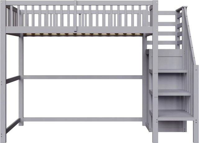Merax Hochbett für Kinder mit Treppe und Stauraum in Grau und Weiß, B/T/H: 90 x 200 x 177,5 cm - Bild 1