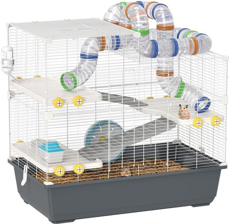 PawHut Hamsterkäfig mit 4 Etagen, Nagerkäfig und Kleintierkäfig inklusive Laufrad, Futternapf und Tunnel