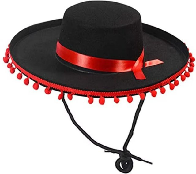 Flaumball Mexikanischer Sombrero-Hut, Schwarz, Filz - Bild 1