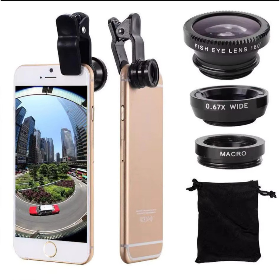 3-in-1 Fisheye Weitwinkel und Mikro Kamera-Objektiv-Set mit Telefonclips in Schwarz für iPhone, Samsung, Xiaomi und Redmi - Bild 2