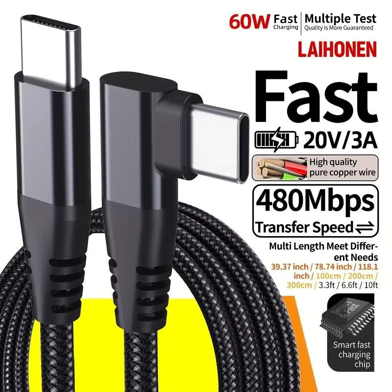 LAIHONEN USB-C zu USB-C Kabel 90-Grad Winkel, PD 60W Schnellladung und Datensynchronisation, Nylon-Ummantelung, Schwarz - Bild 3