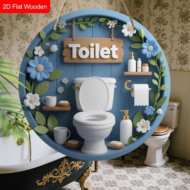 Drasawee Rustikales Holz-Toilettenschild in Blau mit Blumenornamenten, Durchmesser: 30 cm - Bild 1