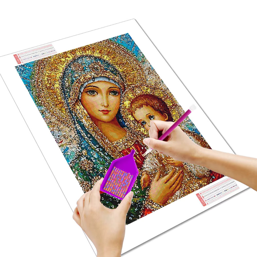 Huacan DIY Diamantmalerei Porträt Heilige Mutter mit Kind, Rund, Mehrfarbig - Bild 2