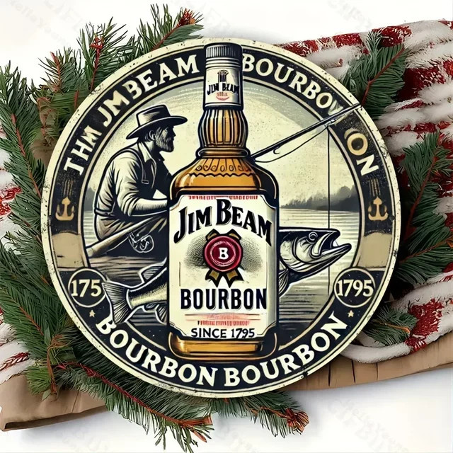 Rundes Metallschild von Potdemiel mit Jim Beam Vintage-Motiv aus Aluminium, Durchmesser: 20 cm, Mehrfarbig - Bild 1