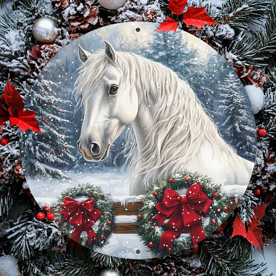 Potdemiel Rundes Aluminium-Wandkunstschild Vintage Weißes Pferd im Schnee mit Weihnachtskranz, Durchmesser: 20,3 cm - Bild 2