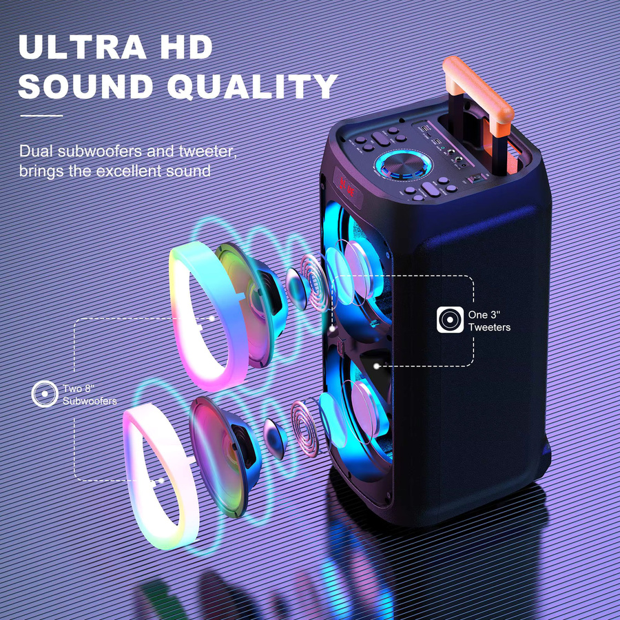 FanFun T9 Karaoke-Maschine mit 2 kabellosen Mikrofonen und Disco-Lichtern, tragbarer Bluetooth-Lautsprecher in Schwarz - Bild 3