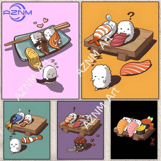 KAYOU Sushi Foodie Cartoon Wandkunst-Aufkleber, selbstklebend, wasserfestes HD Poster in Mehrfarbig, rechteckig - Bild 1