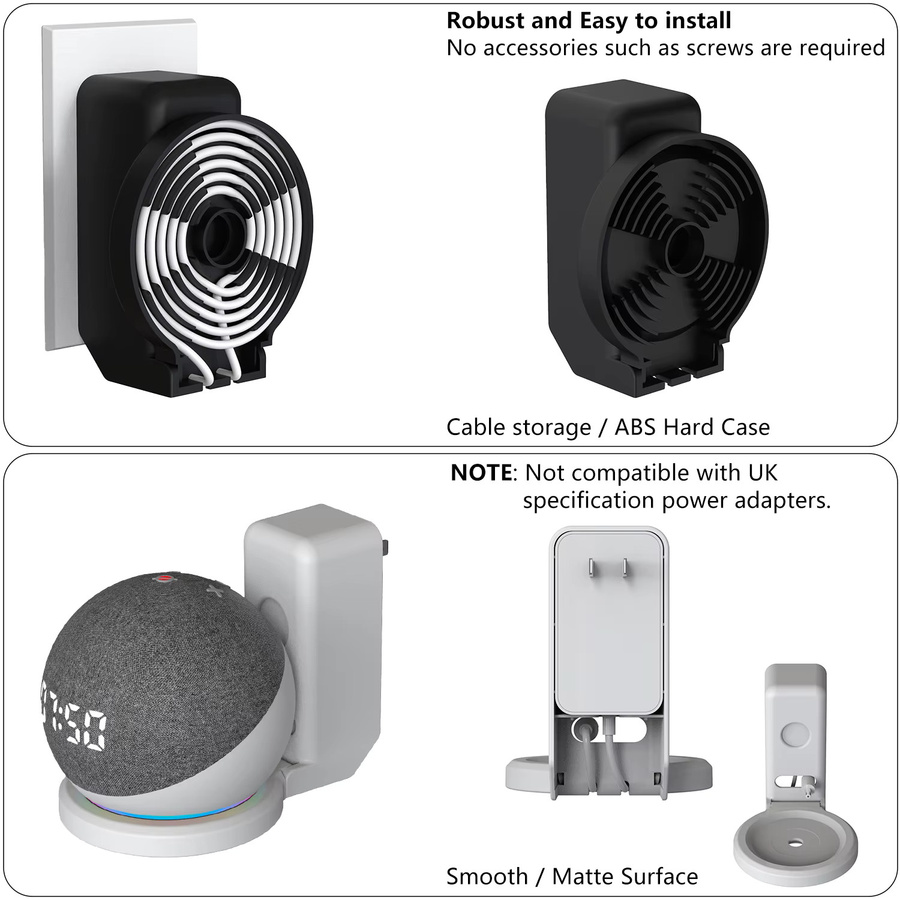 Wandsteckdosenhalter für Echo Dot 5. und 4. Generation mit Kabelaufbewahrung in Schwarz aus PC-Hartschale - Bild 3
