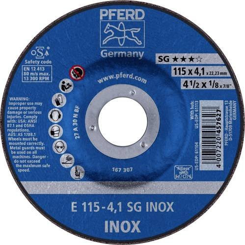 PFERD SG INOX Schruppscheibe gekröpft für Edelstahl, Blau, Durchmesser: 115 mm, Bohrungs-Ø: 22,23 mm, 10 Stück - Bild 1