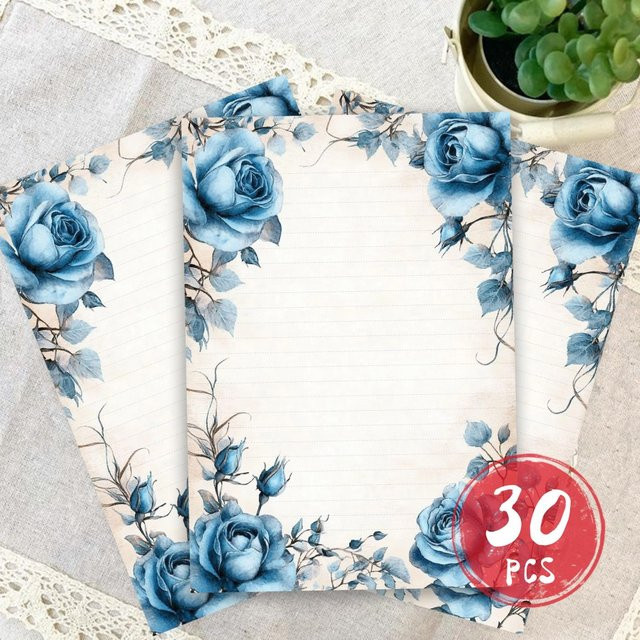 30 Blatt Vintage-Schreibpapier mit blauen Rosen, liniert, B5, Multicolor - Bild 1