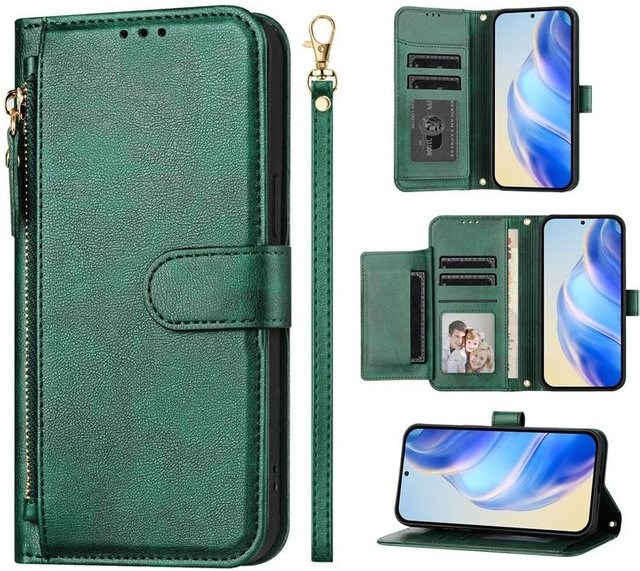 Xiaomi Flip Case Leder Brieftasche Hülle mit Kartenfach und Reißverschluss für Redmi Note 11 Serie in Grün - Bild 1