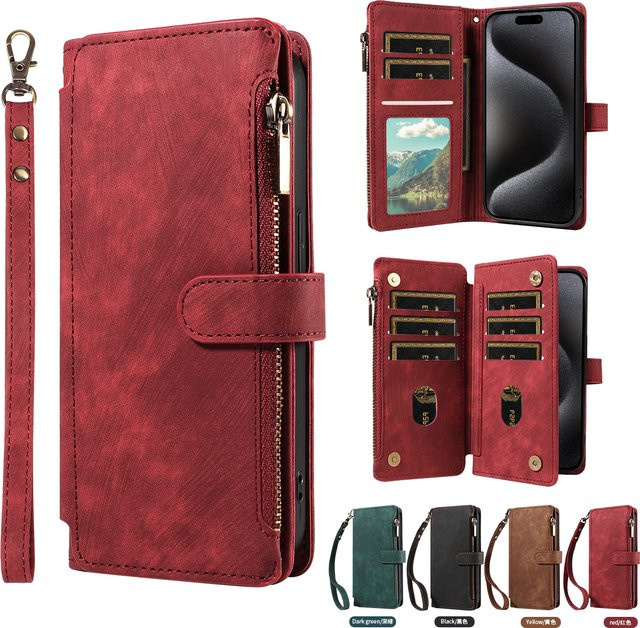Vintage PU Ledertasche Handyhülle im Wallet Style für Samsung Galaxy A05S A06 A13 A14 A15 A16 5G A22 Note10plus Note20ultra Flip in Grün oder Rot - Bild 1