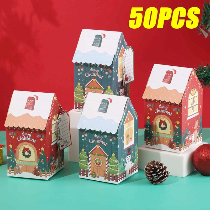 50 Stück Weihnachts Geschenkboxen aus Papier mit Schneemann und Lebkuchenhaus Motiv in Grün und Mehrfarbig - Bild 1