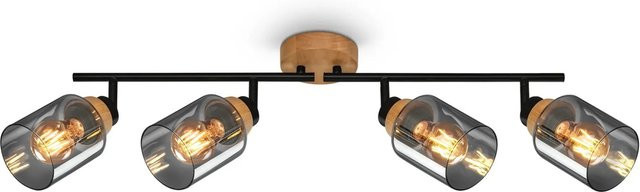 Brilo Deckenleuchte Hema mit Holzbasis und Rauchglas, schwenkbar, E27, Schwarz/Braun/Transparent, Durchmesser: 68 cm - Bild 1