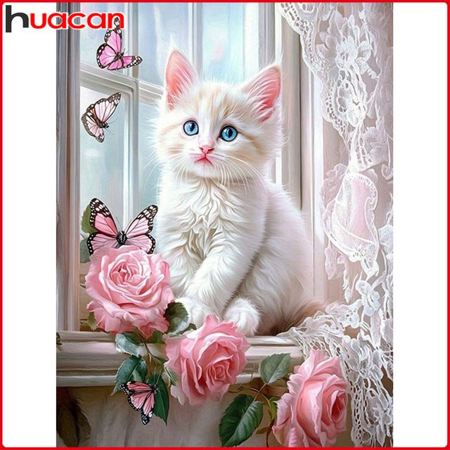 Huacan Diamantgemälde Katze mit Rosen als Diamantmosaik in Mehrfarbig, B/H: 30 x 20 cm - Bild 1