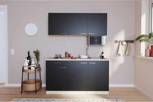 Respekta Singleküche Luis modern Schwarz-Eiche sägerau B/H/T: 150 x 85 x 60 cm - Bild 1