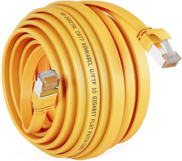hb-digital LAN Flachkabel CAT 7 Ethernet Patchkabel U/FTP PVC Gelb, Länge: 15 m - Bild 1