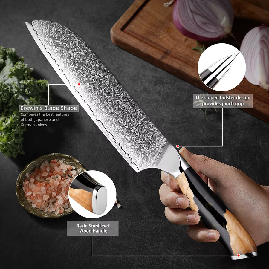 Xituo Santoku-Messer aus Damaststahl mit VG10-Klinge und Holzgriff, 17,78 cm, Mehrfarbig - Bild 5