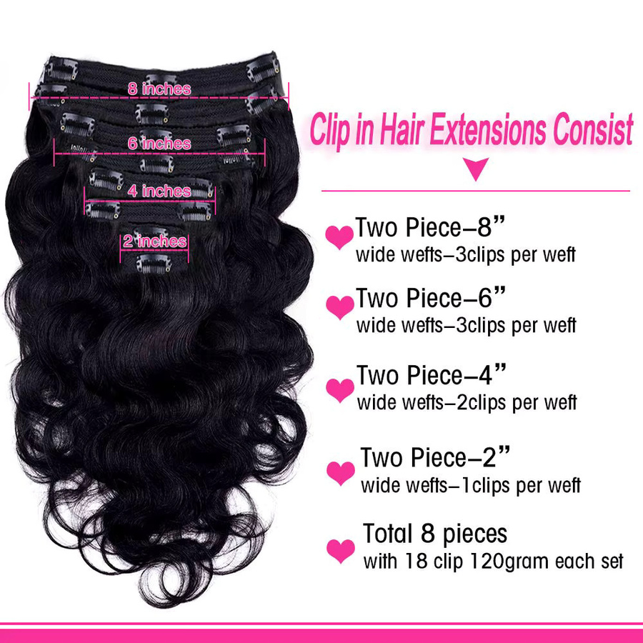 xbeauty Body Wave Clip-in-Haarverlängerungen, 100% Echthaar, 120 g, 8 Stück, 1B - Bild 4