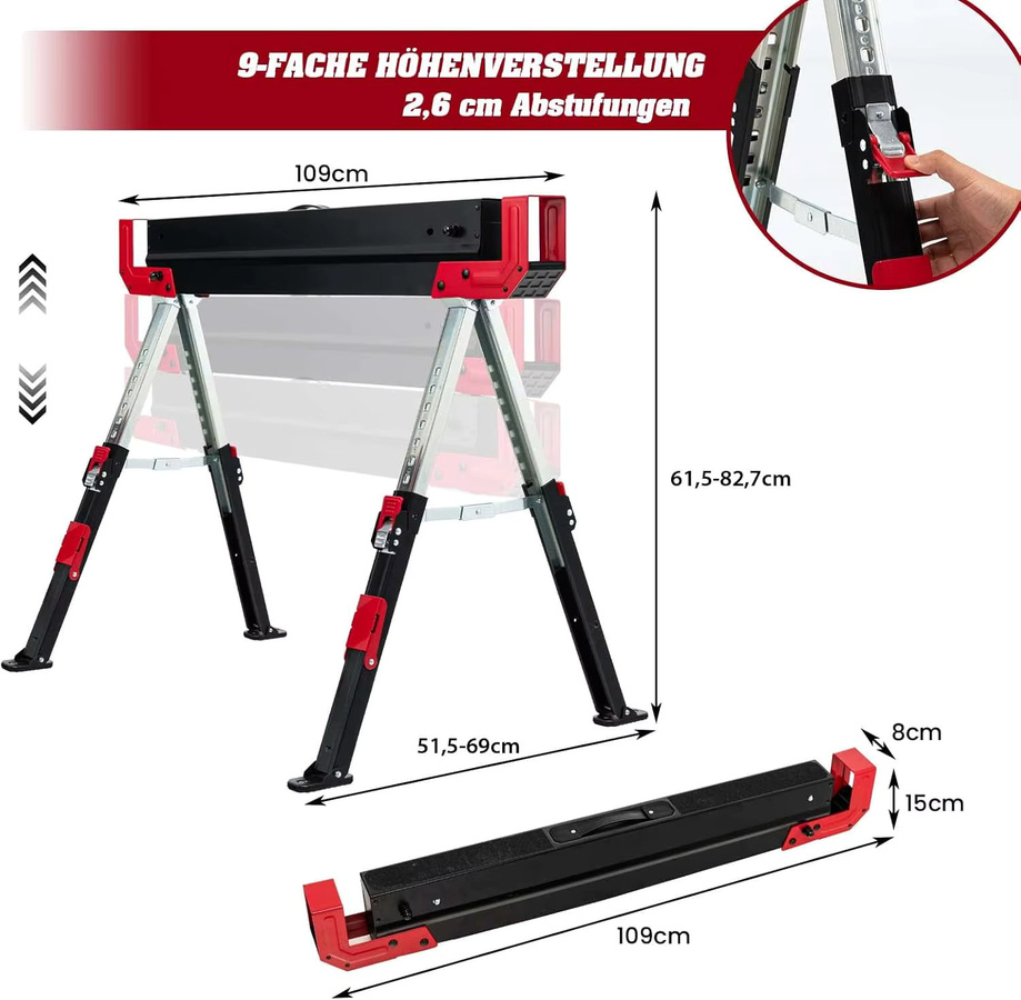 GOFLAME Arbeitsständer Set 2 Stück, höhenverstellbare Sägeböcke mit rutschfestem PVC-Oberteil, rot-schwarz, maximale Belastbarkeit 1180 kg - Bild 5