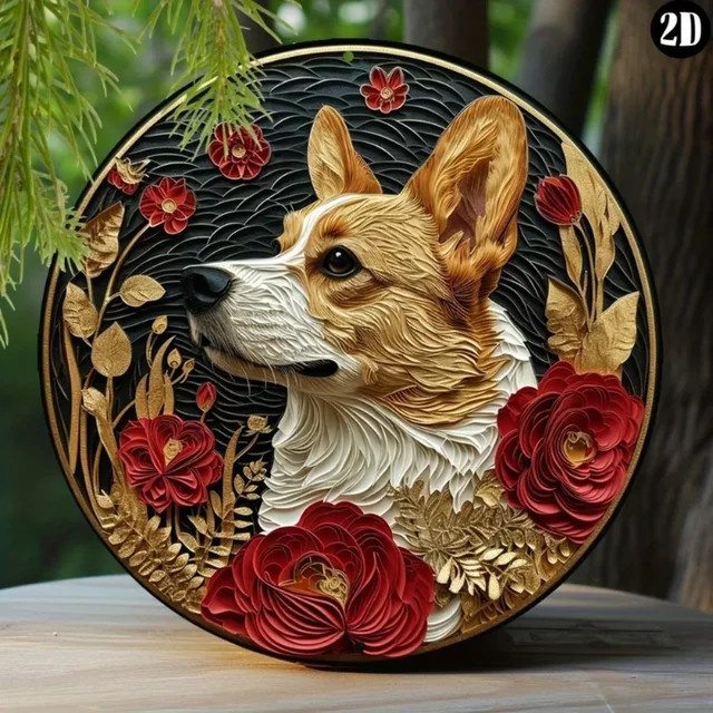 HELLOYOUNG Oster-Wanddekoration Pembroke Welsh Corgi aus Metall, Rund, Weiß/Mehrfarbig, Durchmesser: 20,3 cm - Bild 1