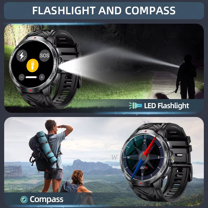 LIGE Smartwatch für Herren mit 1100 mAh Akku, Bluetooth-Anruf, LED-Taschenlampe und Kompass in Schwarz oder Silber - Bild 3
