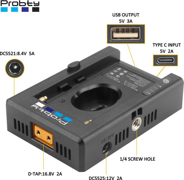 Probty NP-F Batterieladegerät und Batterieadapterplatte mit DC12V, DC8V und USB-A Ausgang sowie Kaltschuhadapter und 1/4 Zoll Schraubenloch in Schwarz - Bild 1