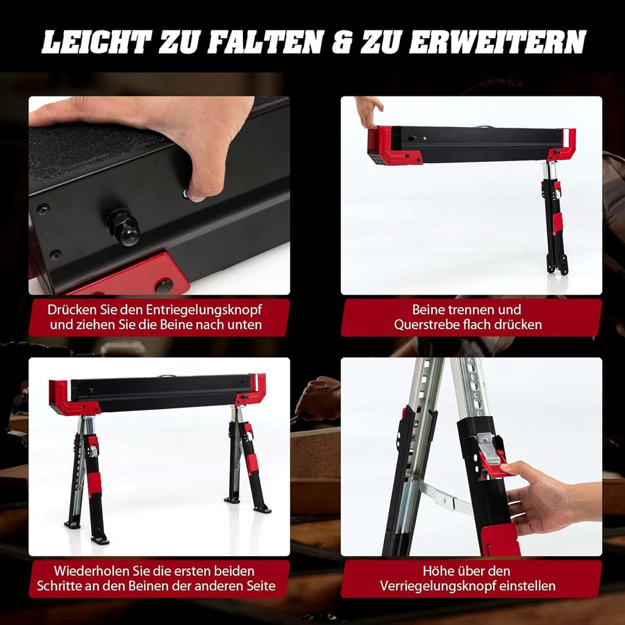 GOFLAME Arbeitsständer Set 2 Stück, höhenverstellbare Sägeböcke mit rutschfestem PVC-Oberteil, rot-schwarz, maximale Belastbarkeit 1180 kg - Bild 2