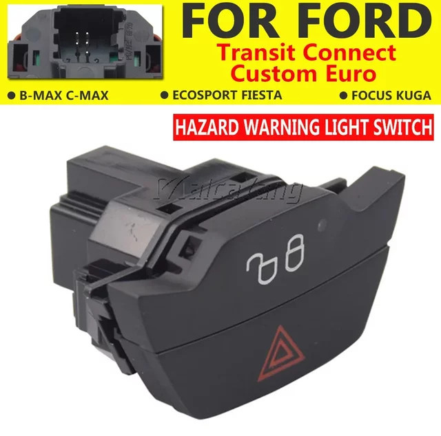 Malcayang Warnblinkschalter mit Tastensperre und Entriegelungsschalter in Schwarz für Ford B-MAX C-MAX Ecosport Fiesta Focus Kuga Transit 2008–2019 - Bild 1