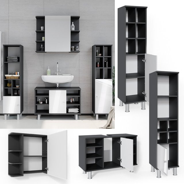 Vicco Badmöbel Set Fynn 4-teilig in Anthrazit und Weiß mit Spiegelschrank, Waschbeckenunterschrank, Hochschrank und Midischrank - Bild 1