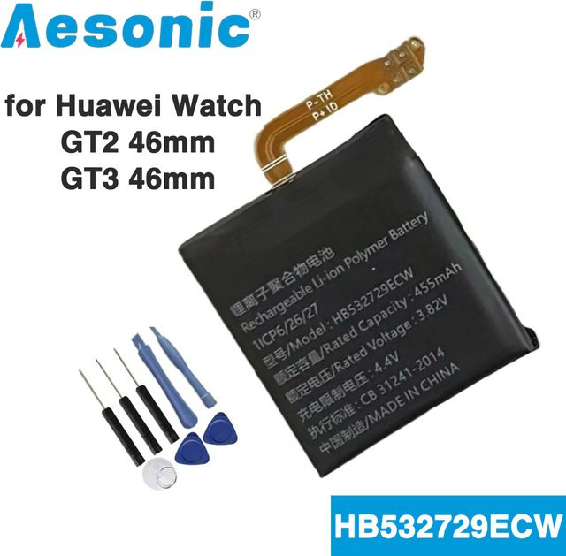 HB 532729 ECW Ersatzakku 455 mAh für Huawei Watch GT2 46 mm und Watch GT3 46 mm, Modell JPT-B19 JPT-B29, Schwarz - Bild 1