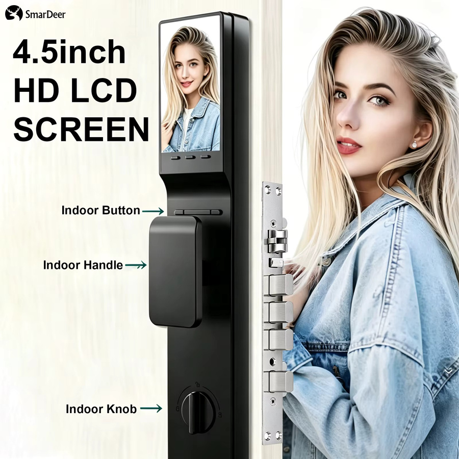 SmarDeer Smart Lock IP66 Wasserdicht mit 3D-Gesichtserkennung und Fingerabdruck, Tuya Elektronisches Türschloss, Schwarz - Bild 5