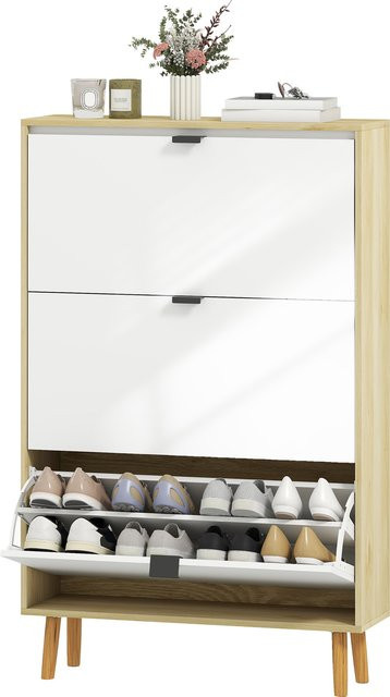 Aosom Schuhschrank Slim in Glänzend Weiß mit 3 Klappentüren und verstellbaren Regalen, Platzsparende Schuhaufbewahrung für 24 Paar Schuhe, B/T/H: 80 x 24 x 127 cm - Bild 1