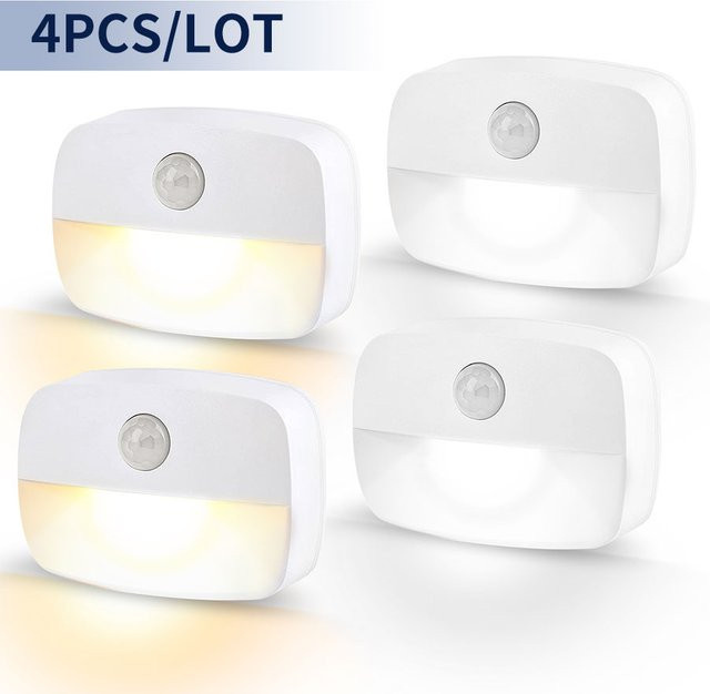 MeeToo 4er Set LED Nachtlicht mit Bewegungssensor, weiß, batteriebetrieben für Schlafzimmer, Treppe, Schrank und Flur - Bild 1