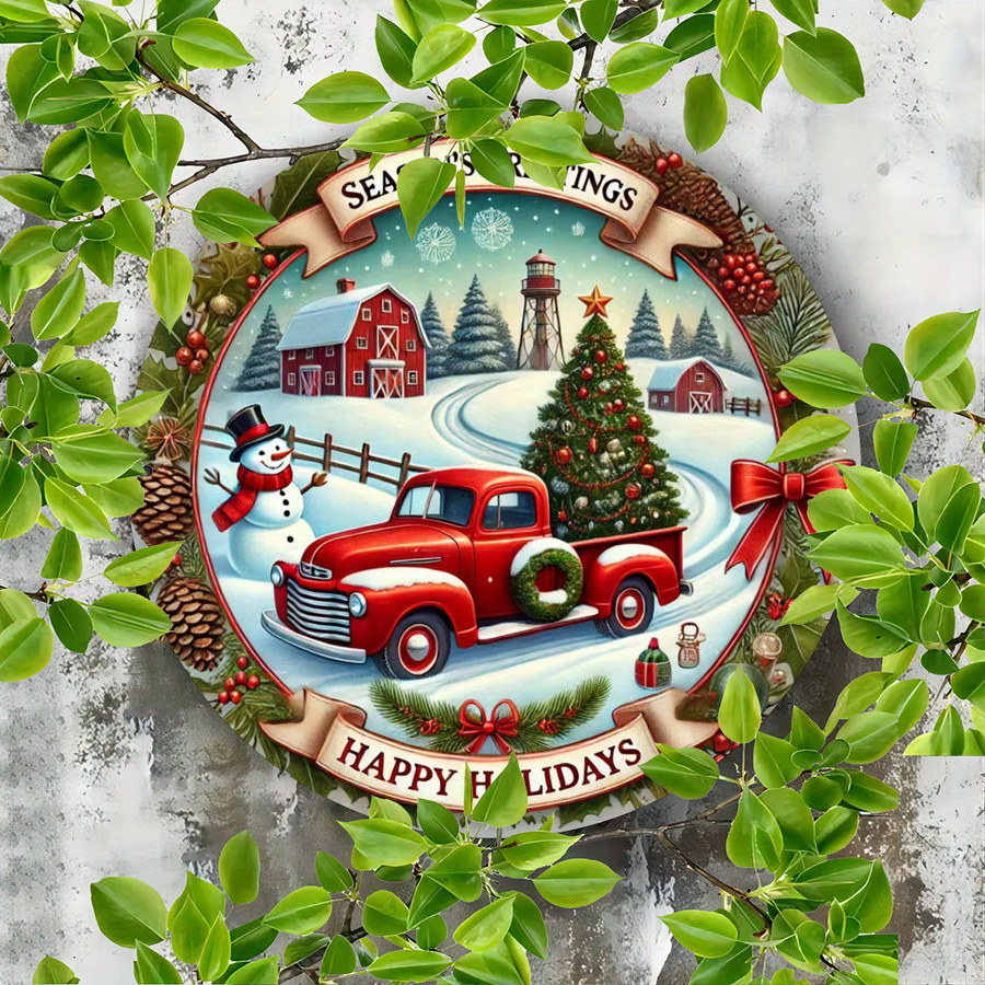 Potdemiel Vintage-Weihnachtskranz-Schild aus Eisen mit Schneemann und rotem LKW, runde Hängedekoration für Haus und Garten, Durchmesser: 20,3 cm - Bild 4